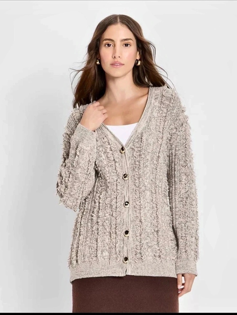 Future Collective Gray Marled Cable Knit Fringe Cardigan Sweater V-Neck Size XS